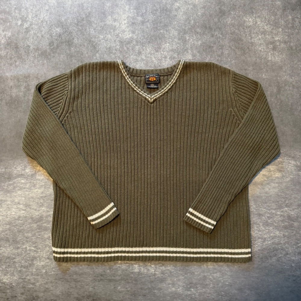 VTG Route 66 Olive Green Ribbed V Neck Sweater Striped Ramie Cotton Large Y2K